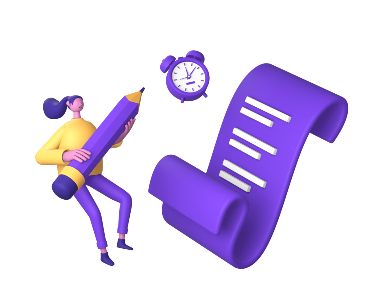 3d purple illustration icon of character holding pencil with reminder note and alarm clock for UI UX social media ads design png