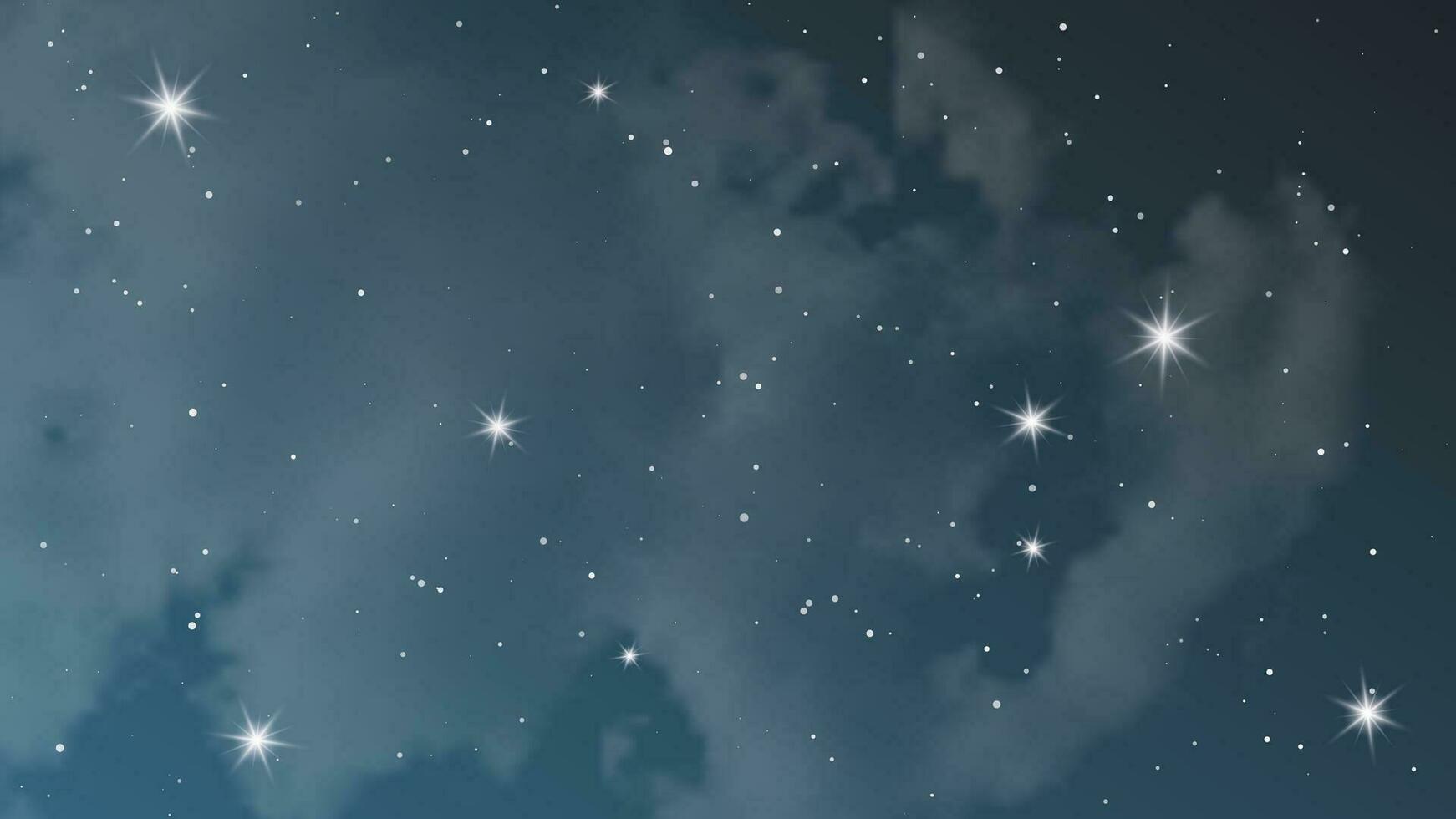 Night sky with clouds and many stars. Abstract nature background with stardust in deep universe. Vector illustration.