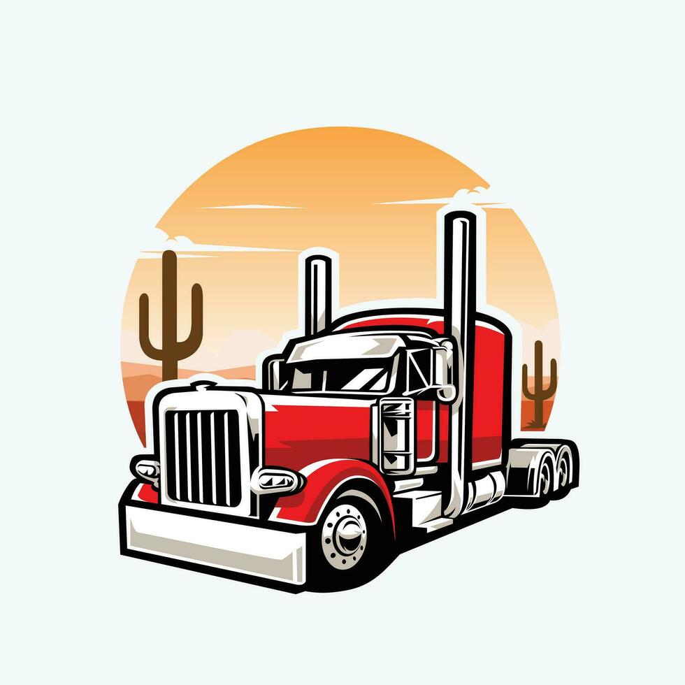 18 Wheel Semi Truck in the Desert Vibes Vector Art Illustration. Best for Tshirt Design and Truck Related Industry