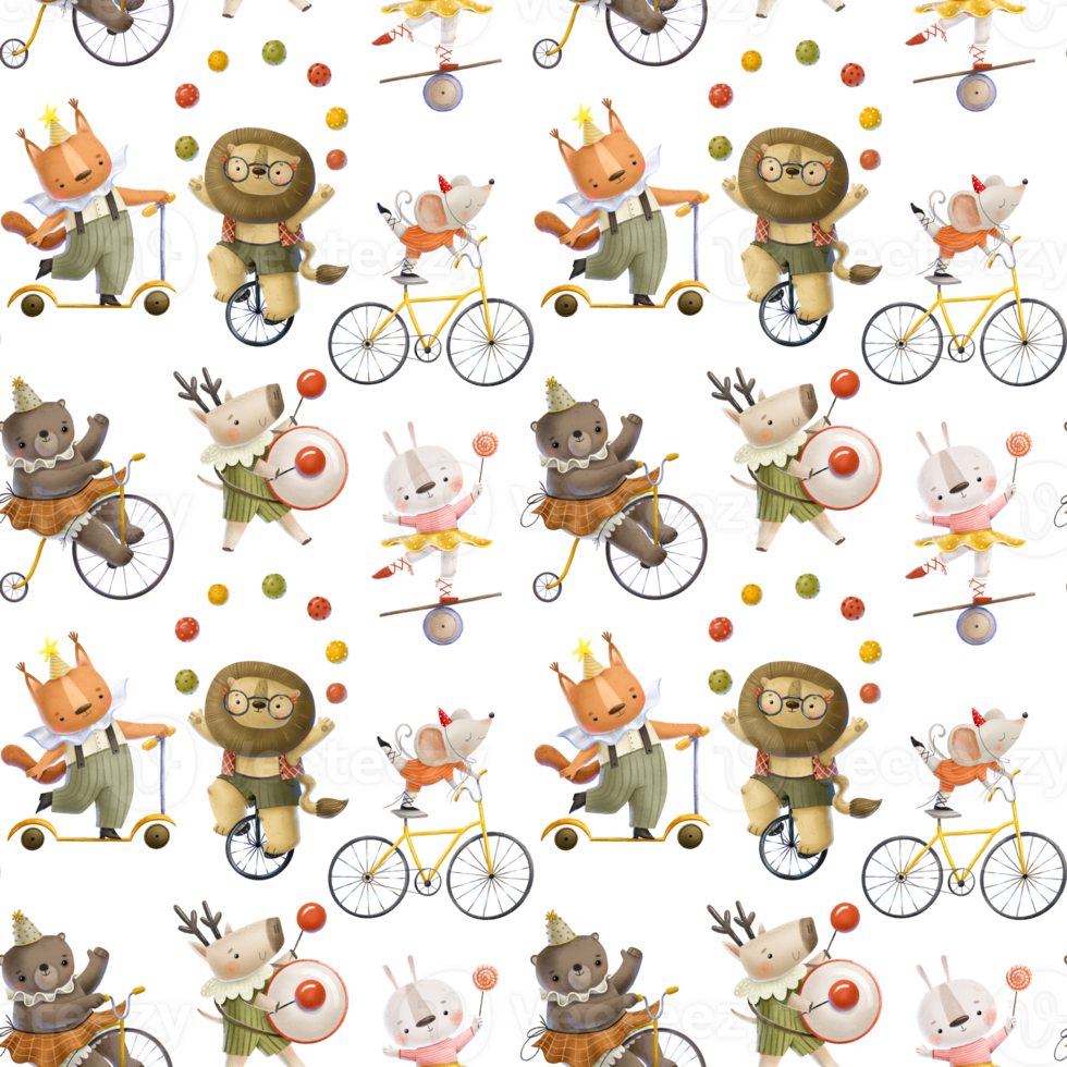 Trained forest animals. A lion, a bear on a bicycle, circus performers. Show, circus performance.Seamless pattern with circus. Hand-drawn ornament png