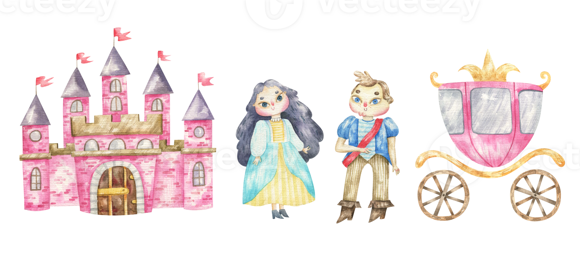 vattenfärg kunglig illustration. prins och prinsessa med slott och transport png