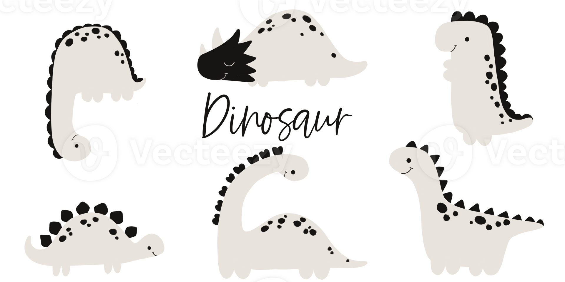 Set with flat black and white dinosaurs, cute dino, childish hand painted simple set with monsters. Cute dragon png