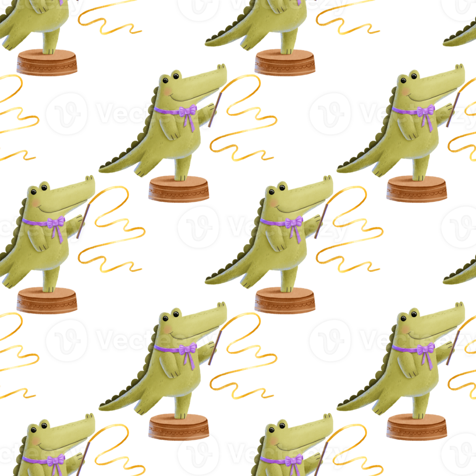 A green crocodile performs with a gymnastic ribbon. Show, circus performance.Seamless pattern with circus. Hand-drawn ornament. Children's cute design png