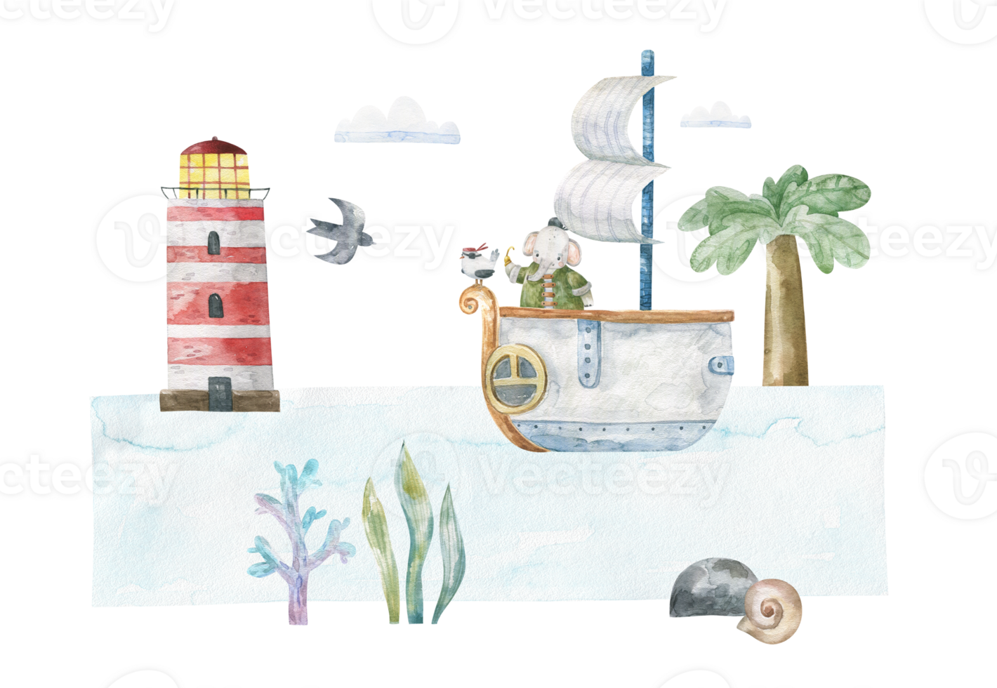 horizontal seascape with elephant pirate on ship, lighthouse, algue, stones and shells, clouds. Oceania. Watercolor childish illustration on isolated background png