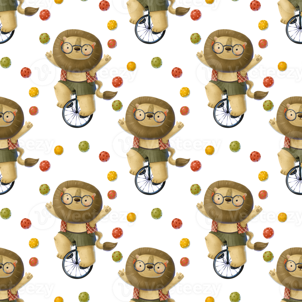 A cartoon lion rides a unicycle and juggles balls. Show, circus performance.Seamless pattern with circus. png