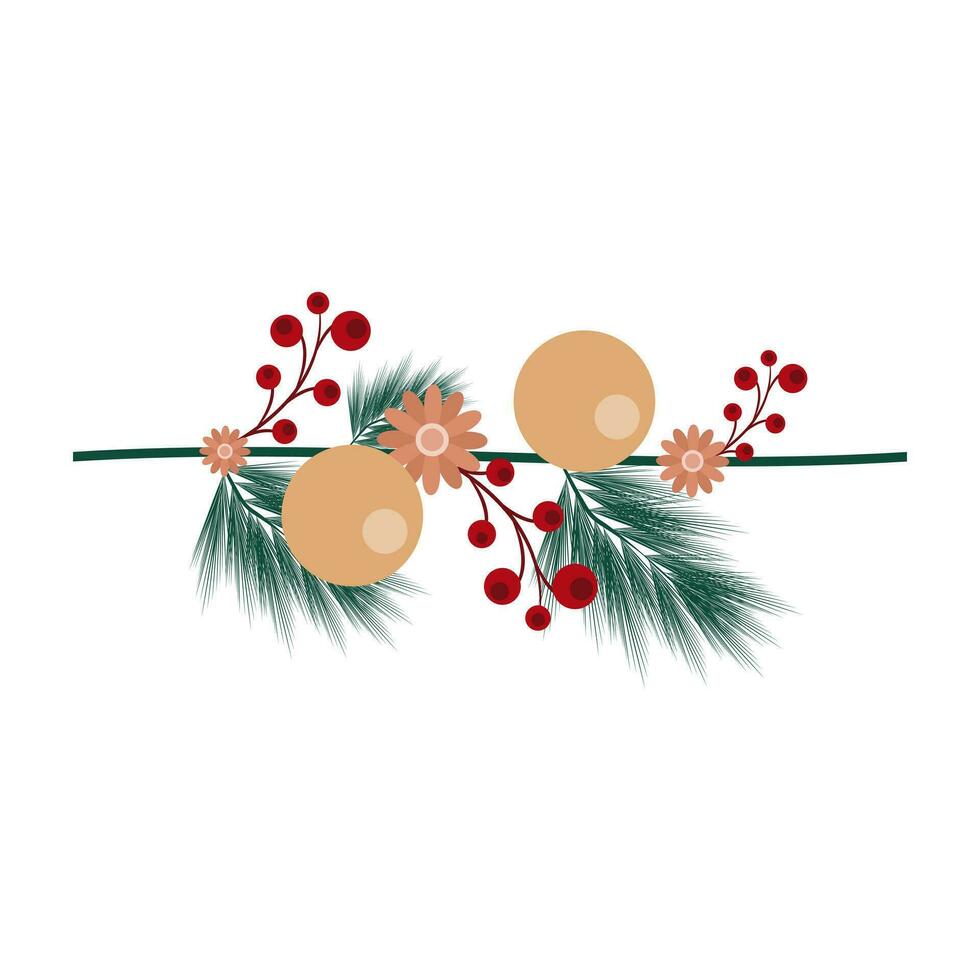 Branch of a Christmas tree with flowers and balls. Vector illustration in flat style. Elements for design. Suitable for posters, invitations, cards, and banners