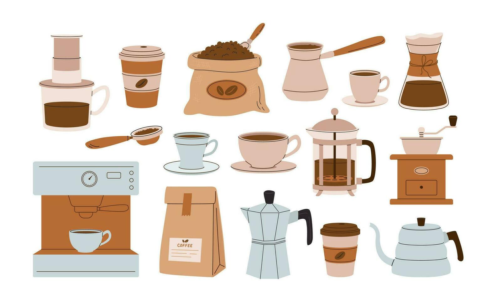 Set of coffee accessories and brewing methods. Coffee machine, beans packaging, grinder, cup, cezve, geyser vector illustrations.