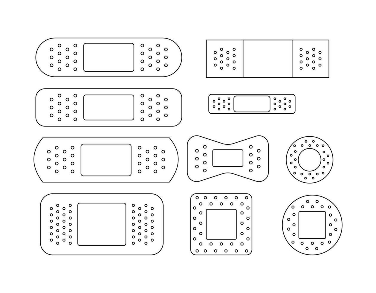 colección de diferente adhesivo parche. médico emplastos, vendaje conjunto en línea estilo. vector ilustración