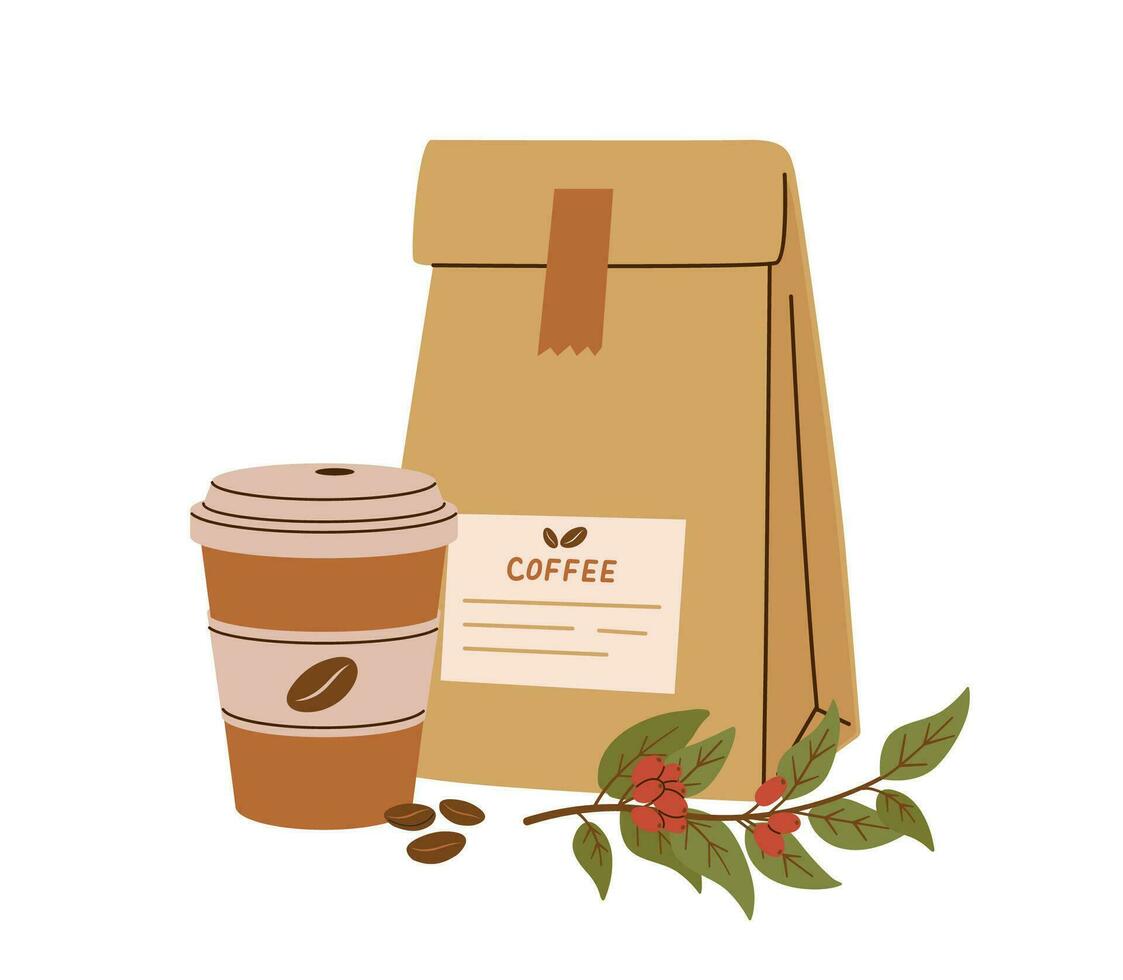 para llevar café papel taza y frijol embalaje vector ilustración. capuchino, Café exprés, americano. minimalista plano estilo