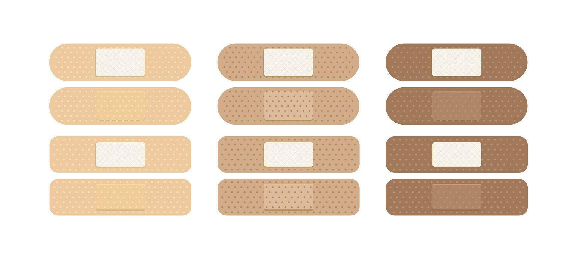 Collection of adhesive patch or diverse skin colors. Diffirent medical plasters, bandage set. Vector illustration