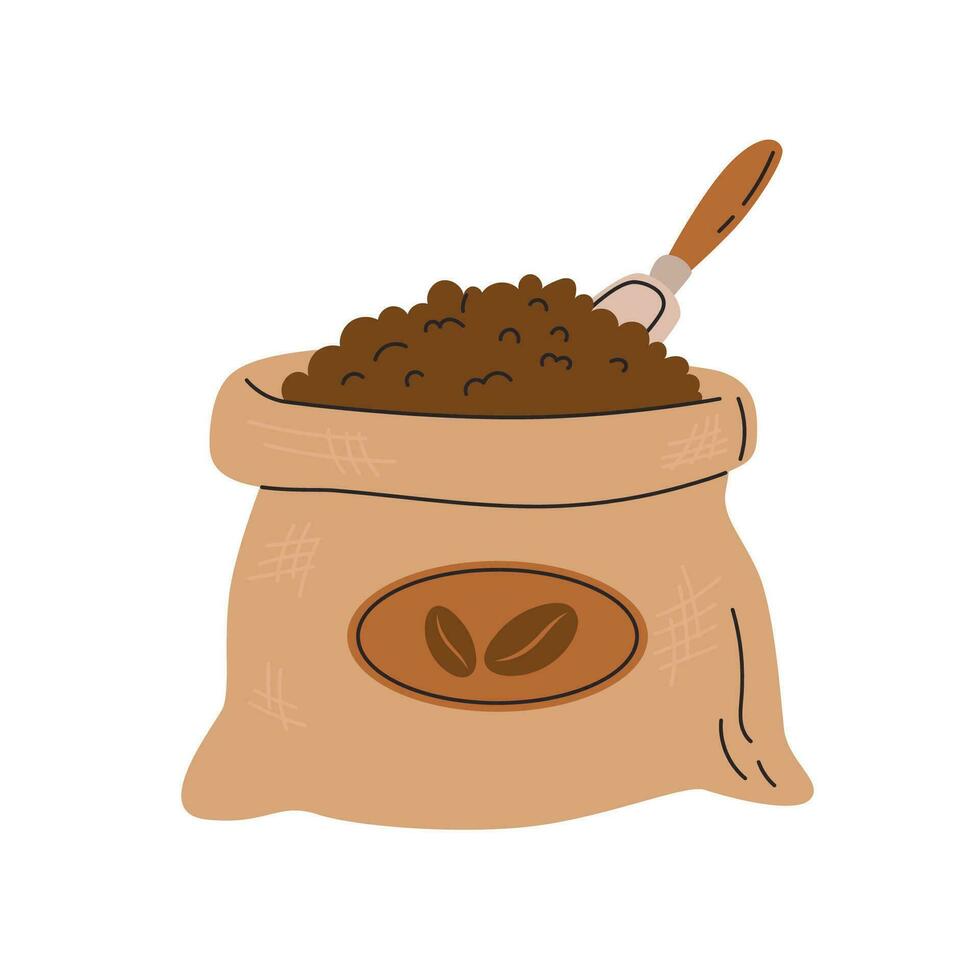 Coffee beans burlap sack with scoop vector illustration. Design element, icon for shop, cafe, package