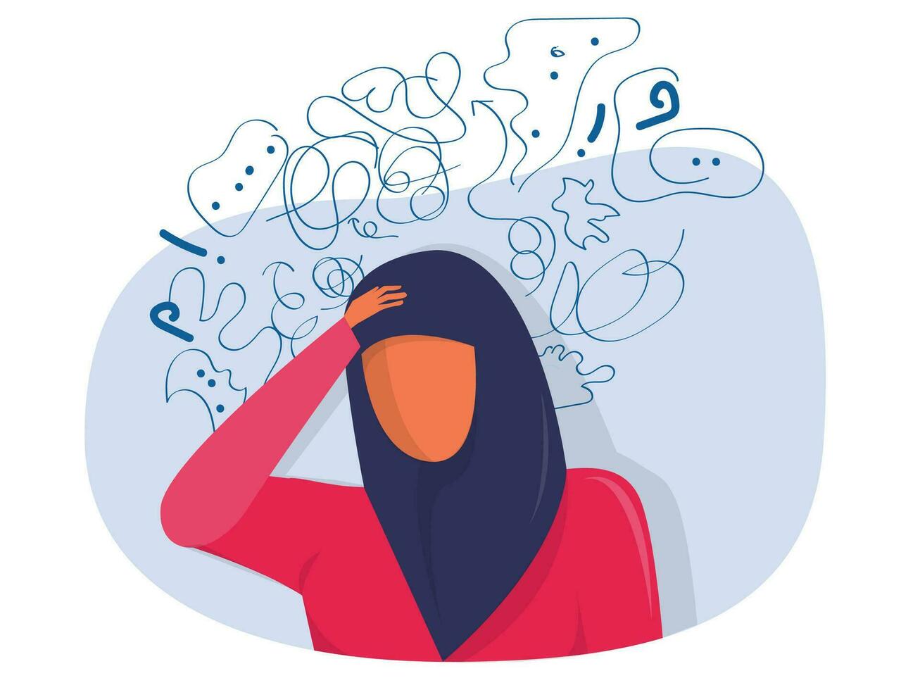 Muslim woman suffers from obsessive thoughts headache unresolved issues psychological trauma depression Mental stress panic mind disorder illustration Flat vector illustration