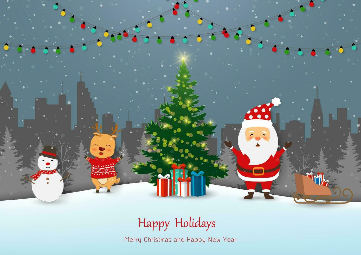 alegre Navidad y contento nuevo año saludo tarjeta, papá noel claus y amigos celebrar fiesta en invierno noche paisaje antecedentes vector