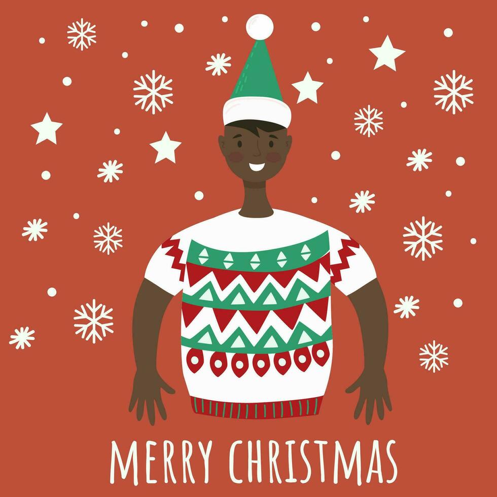 A man in a Christmas sweater. Merry Christmas. New Year background. For printing on postcards and other printed materials. Holiday. vector