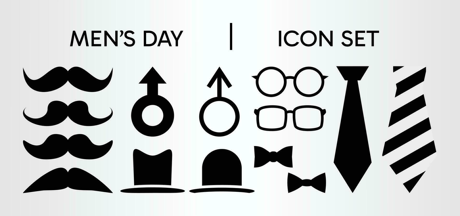 international men's day icon set, black color silhouette vector. mustache design, hat, glasses, tie. vector