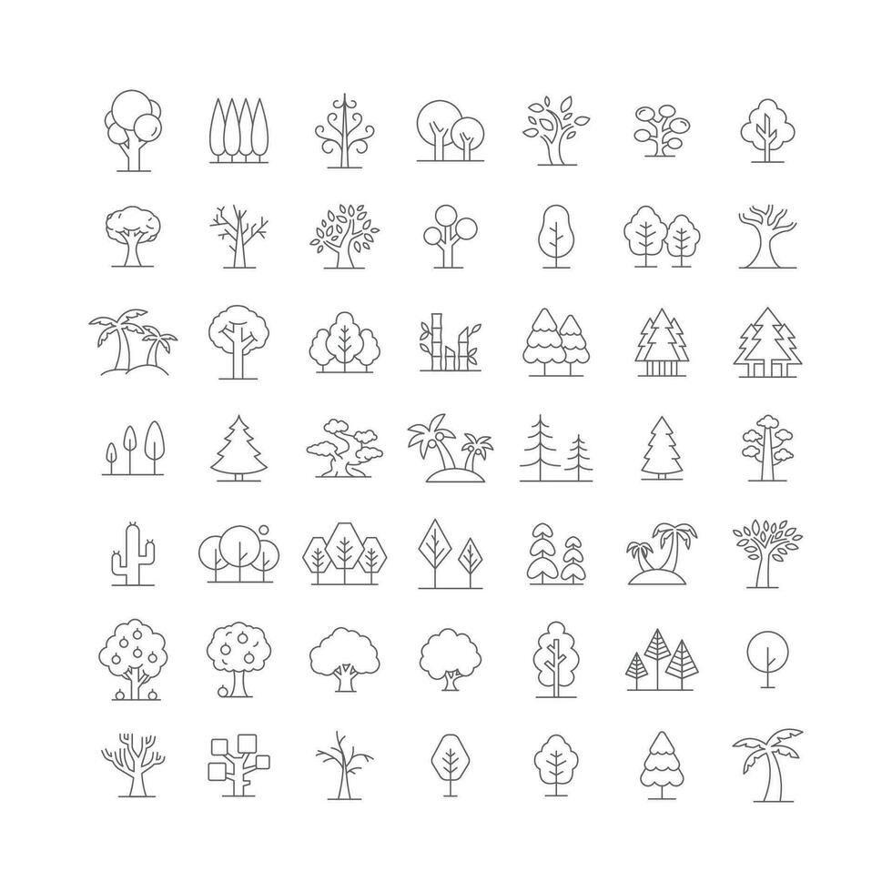 Tree icon set. Simple outline style. Forest, park and garden trees, nature concept. Thin line symbol. Vector illustration isolated. Editable stroke.