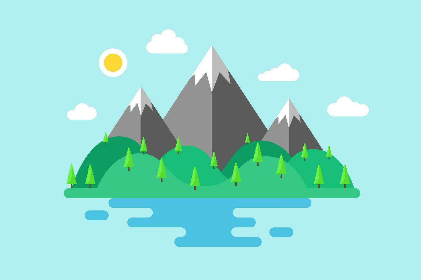 Views of green hills and views of an island with flat design style. Vector illustration