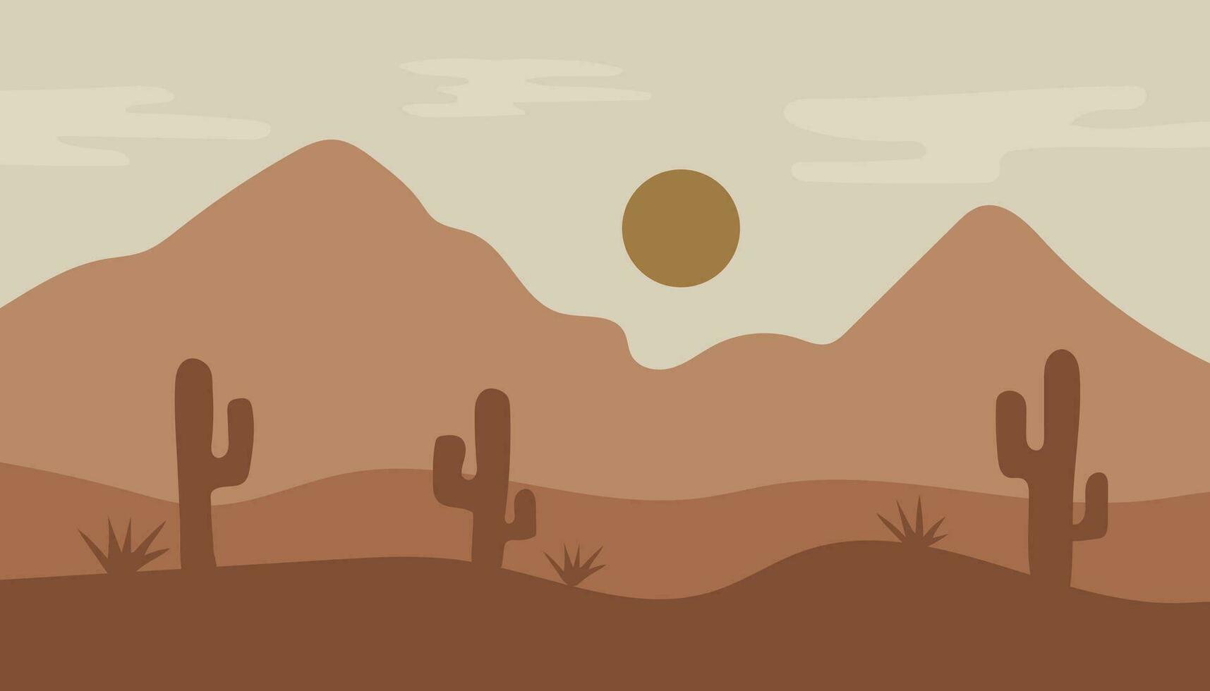 View of mountains and desert. Flat design, Hand drawn. Vector illustration