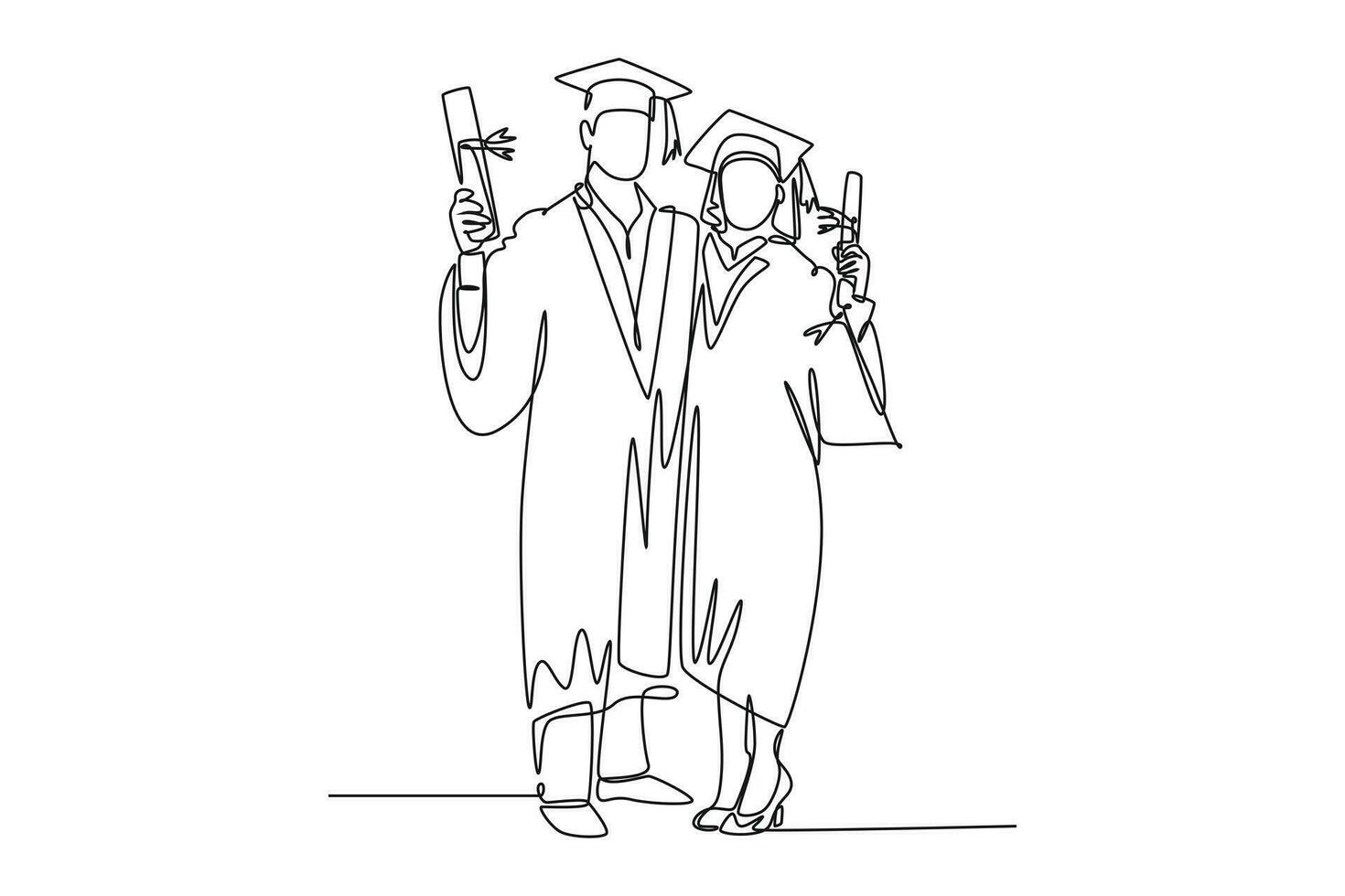 Continuous one line drawing of young happy couple college student show their graduation roll letter to celebrate their graduate. Education college. Single line draw design vector graphic illustration