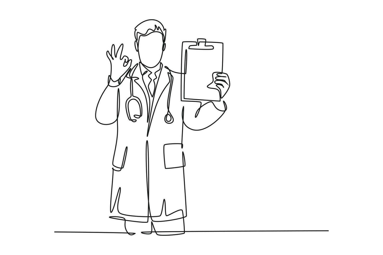 Continuous one line drawing of young happy male doctor showing medical to do list task on clipboard and giving good hand gesture. Medical check up. Single line draw design vector graphic illustration