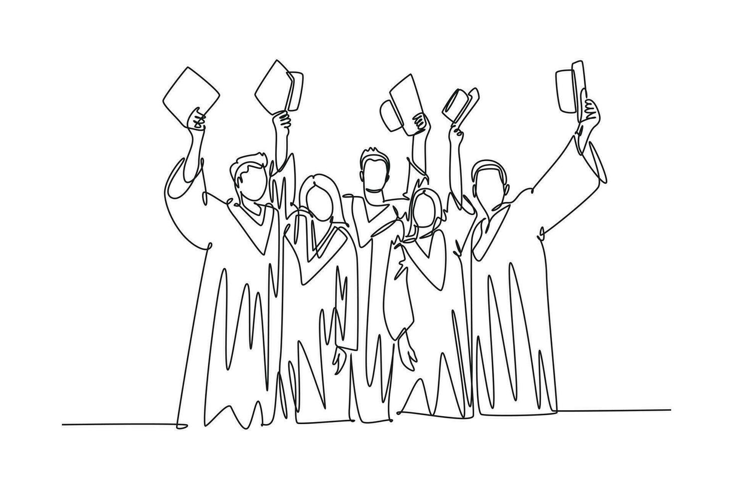 Single continuous line drawing group of male and female college student lift up their cap to the air to celebrate their school graduation. Education. One line draw graphic design vector illustration