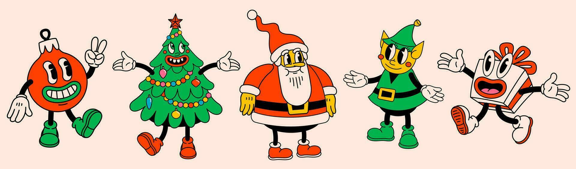 Merry Christmas and Happy New year pack of trendy retro cartoon characters. Groovy hippie Christmas stickers with Santa Claus, Christmas tree, Elf, gift and ball. Vector Cartoon characters