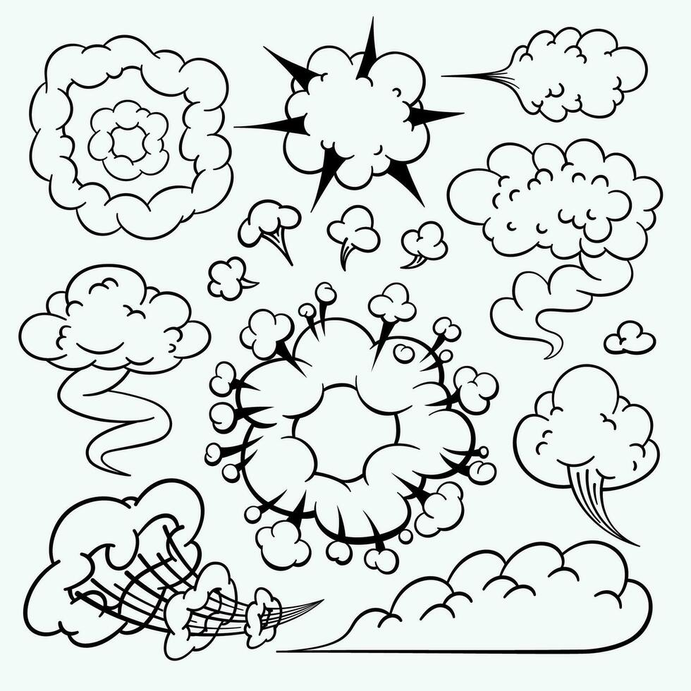 Comic clouds, cartoon vector clouds in line style isolated on light background.