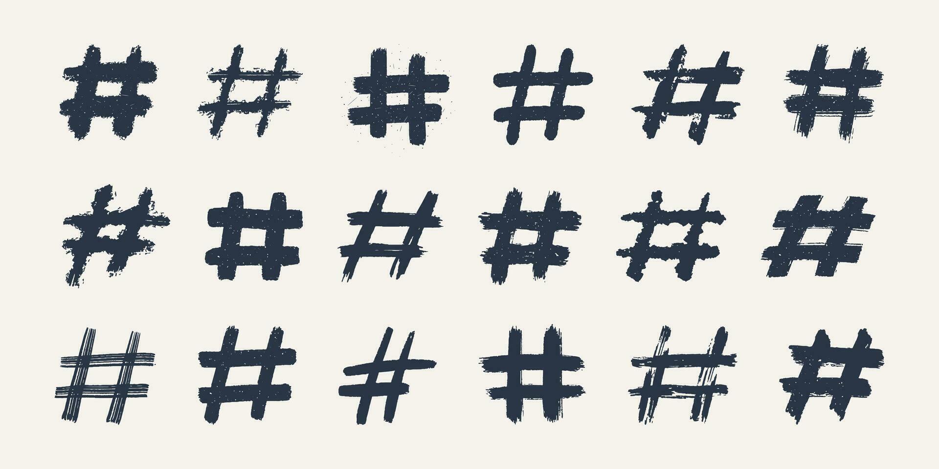 Hashtags, vector ink painted tag icons on white background. Hand Drawn