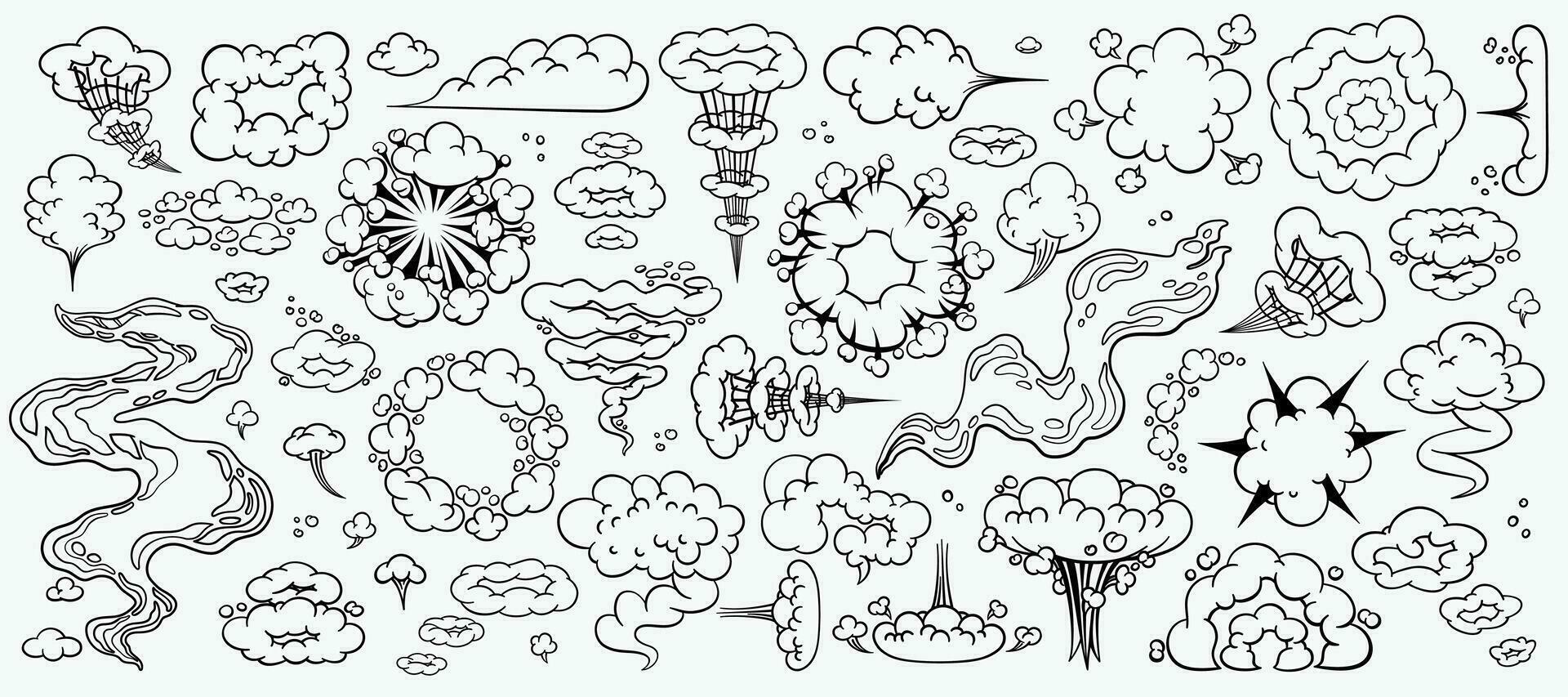 Comic clouds set, cartoon vector clouds in line style isolated on light background. Vector illustration