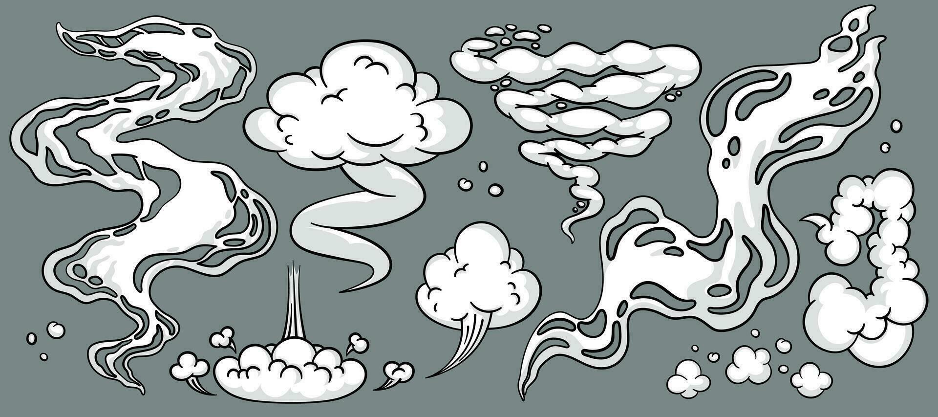cómic nube o fumar, dibujos animados vector movimiento efectos, y explosiones aislado en gris antecedentes. vector ilustración
