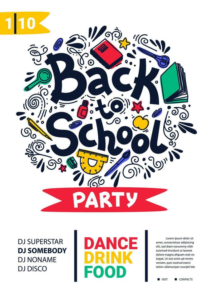Back to school party poster. School dance party flyer. vector