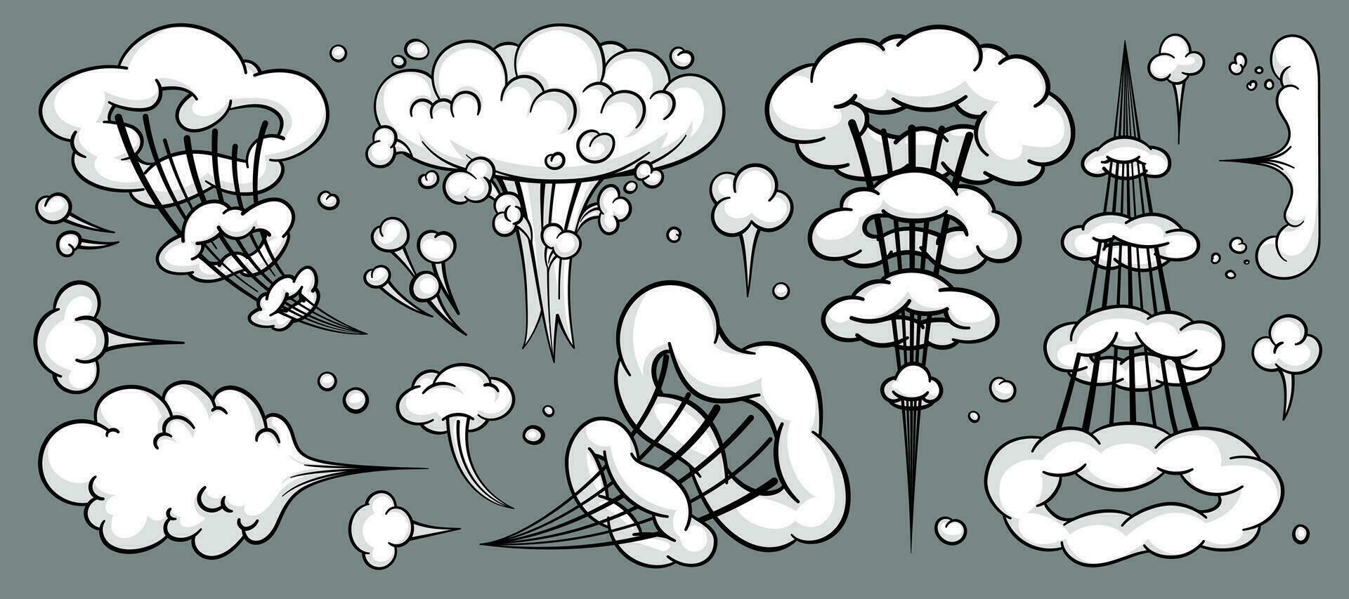 Comic cloud or smoke, cartoon vector motion effects, and explosions isolated on gray background. Vector illustration