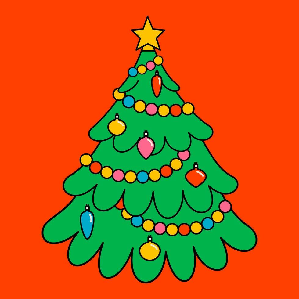 Merry Christmas and Happy New year trendy retro cartoon characters. Groovy hippie Christmas tree. Vector Cartoon characters and elements