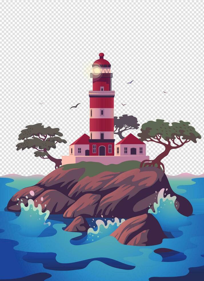 Lighthouse, Beautiful beacon on the cliff with pines. Vector illustration in flat cartoon style..
