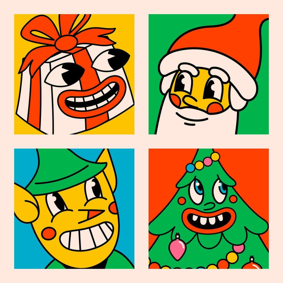Happy New Year and Merry Christmas retro cartoon postcard. Christmas cards in Groovy style with Santa Claus, gift, Christmas tree, and elf. Vector cartoon characters and elements