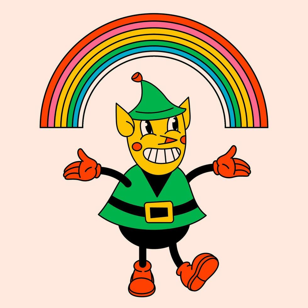 Merry Christmas and Happy New year trendy retro cartoon characters. Groovy hippie Christmas Santas elf with rainbow. Vector Cartoon characters and elements