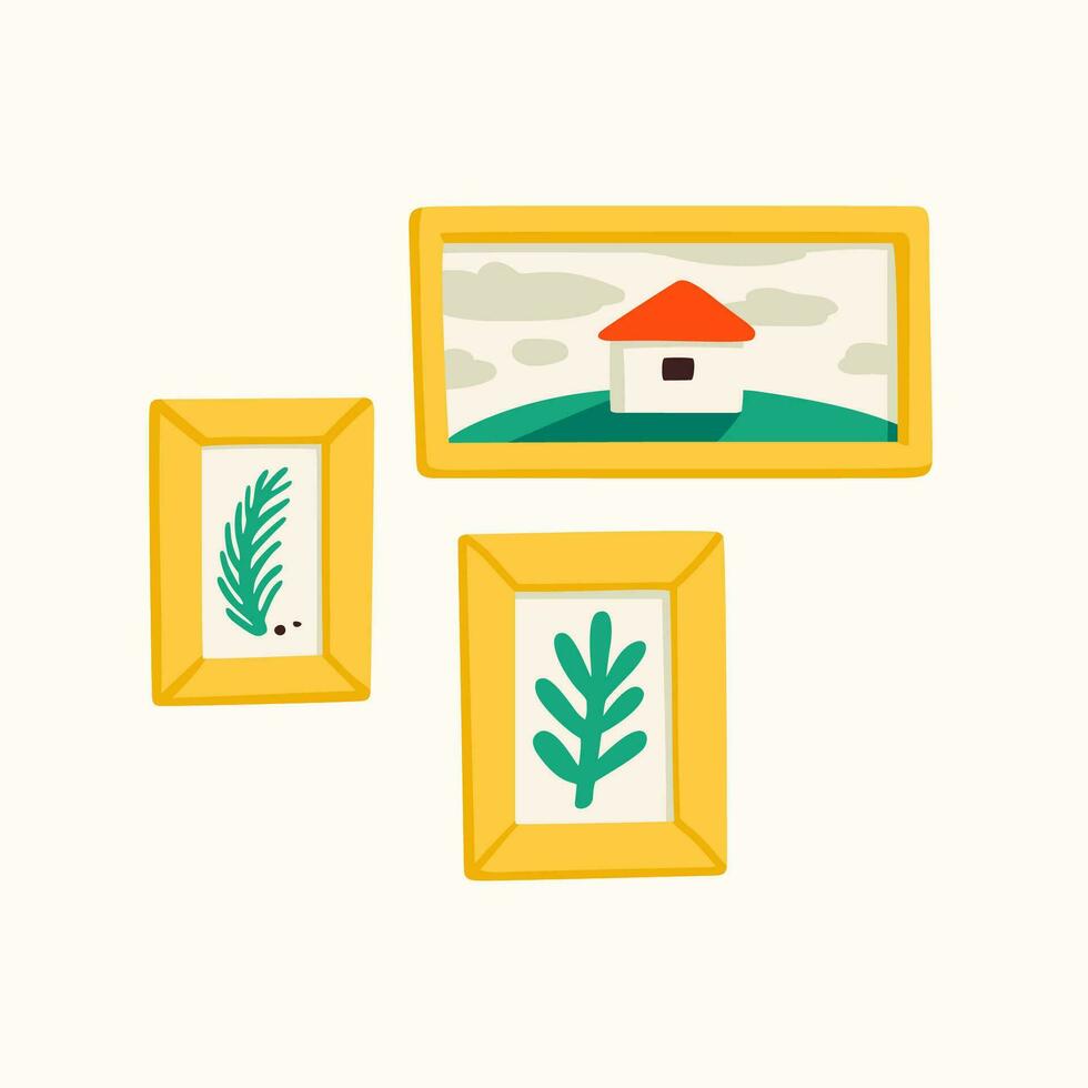 Framed pictures, photo gallery vector flat illustration. Set of cartoon icons
