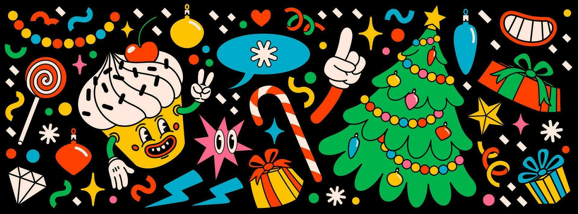 Merry Christmas and Happy New year pack of trendy retro cartoon characters. Groovy hippie Christmas stickers with Christmas tree, cupcake and winter objects. Vector Cartoon characters
