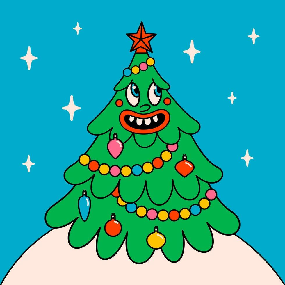 alegre Navidad y contento nuevo año de moda retro dibujos animados caracteres. maravilloso hippie Navidad árbol. vector dibujos animados caracteres y elementos