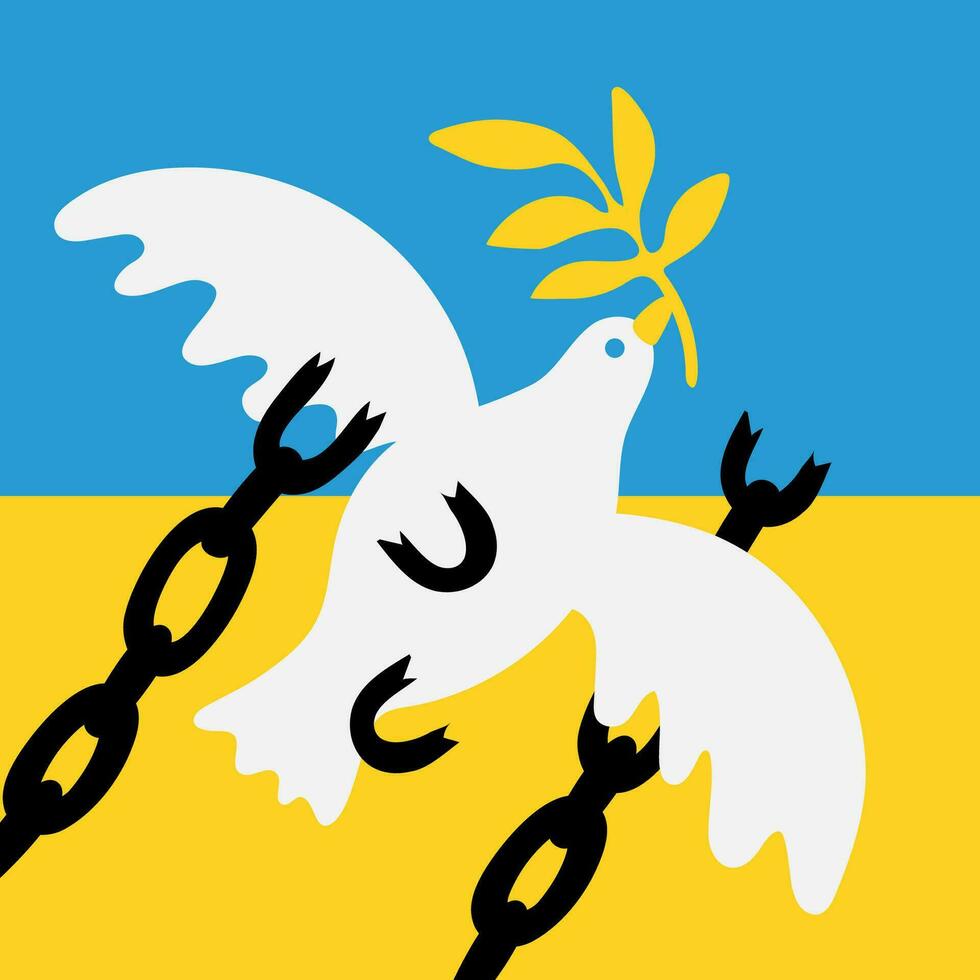 Peace to ukraine. Symbol of peace - dove with a laurel branch on the blue-yellow background. vector illustration