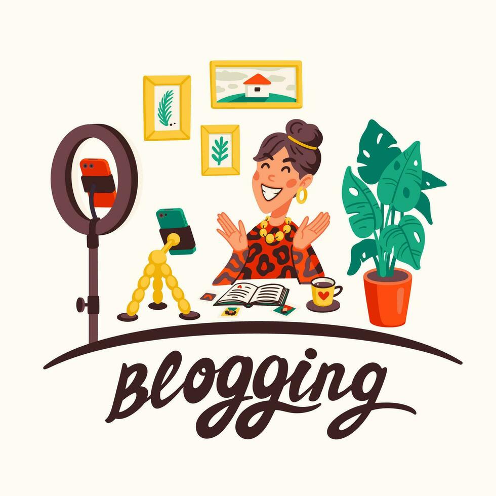 Blogging, making content for a blog or vlog vector illustration. Blogger or vlogger cartoon character making internet content vector flat illustration