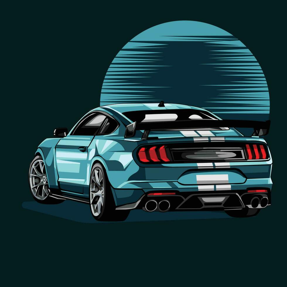 Illustration of a blue Mustang sports car with two.  All illustrations are easy to use, editable and layered. Vector of a detailed muscle car isolated on a dark background