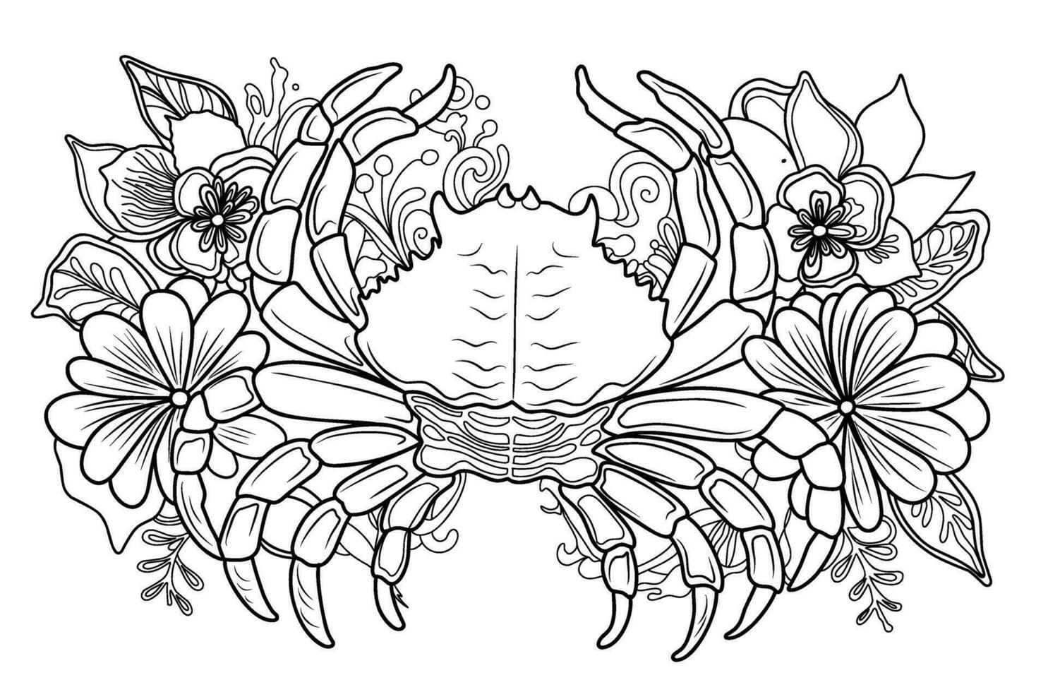 Sea crab with algae. Underwater world.Simple line illustration for coloring crab.Coloring page. vector