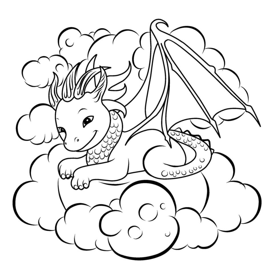 Cute dragon pilot.Simple line illustration for coloring.Dragon year 2024 coloring page vector