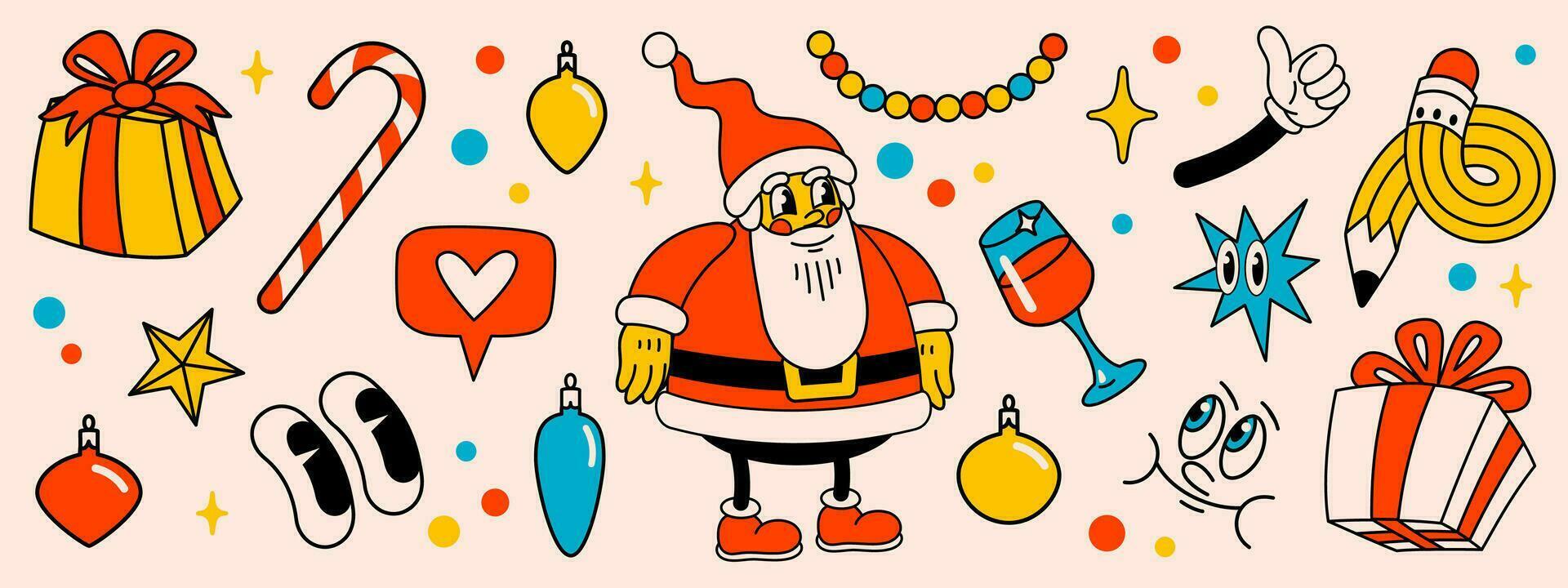 Merry Christmas and Happy New year pack of trendy retro cartoon characters. Groovy hippie Christmas stickers with Santa Claus and winter objects. Vector Cartoon characters and elements