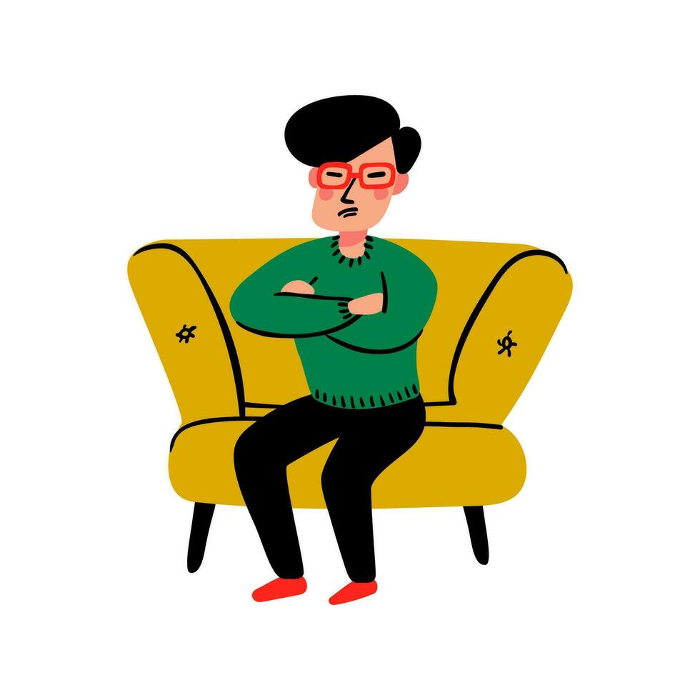 A sad young man on the sofa. Tired and upset Person in stress on Psychology consultation. Doodle style flat vector illustration.