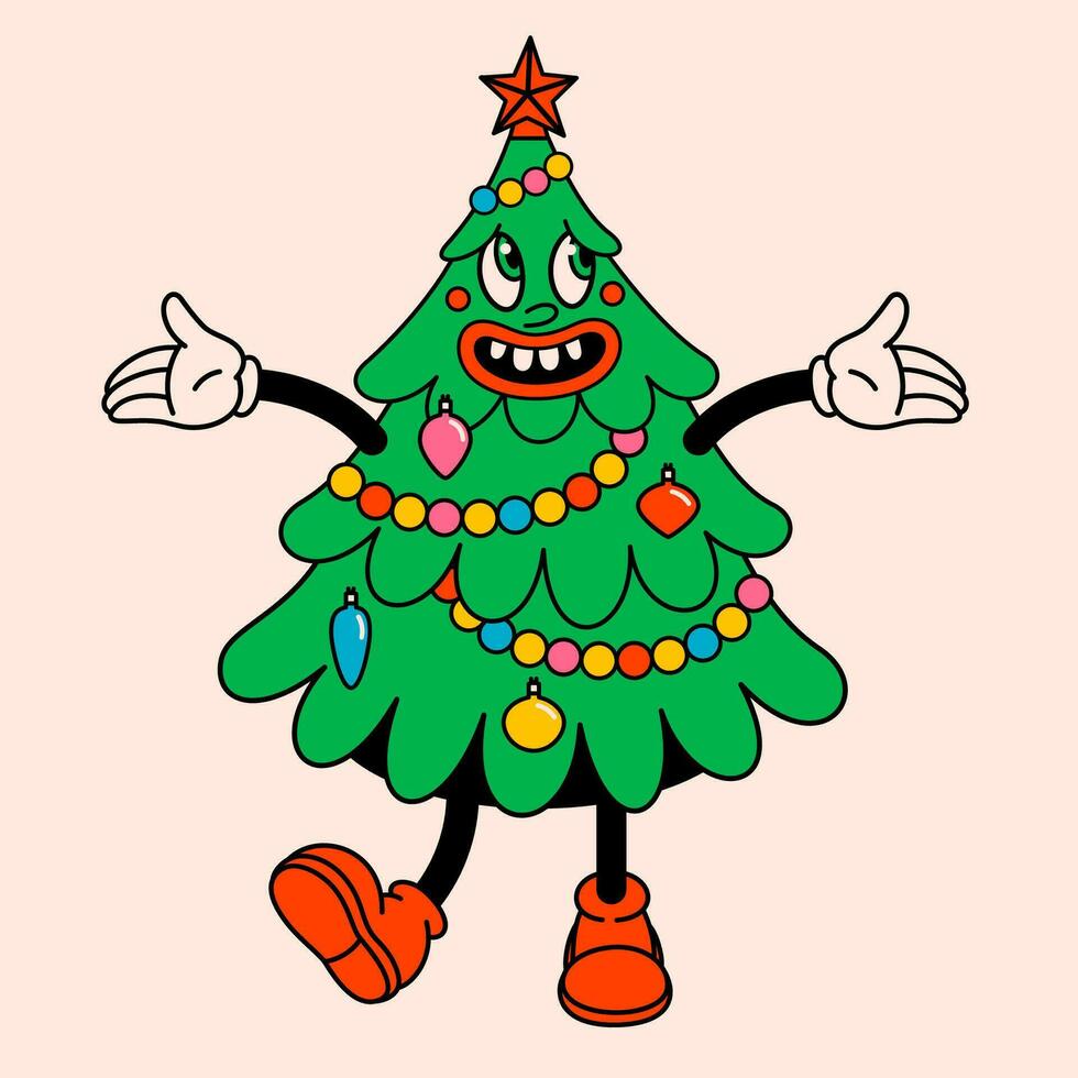 Merry Christmas and Happy New year trendy retro cartoon characters. Groovy hippie Christmas tree. Vector Cartoon characters and elements