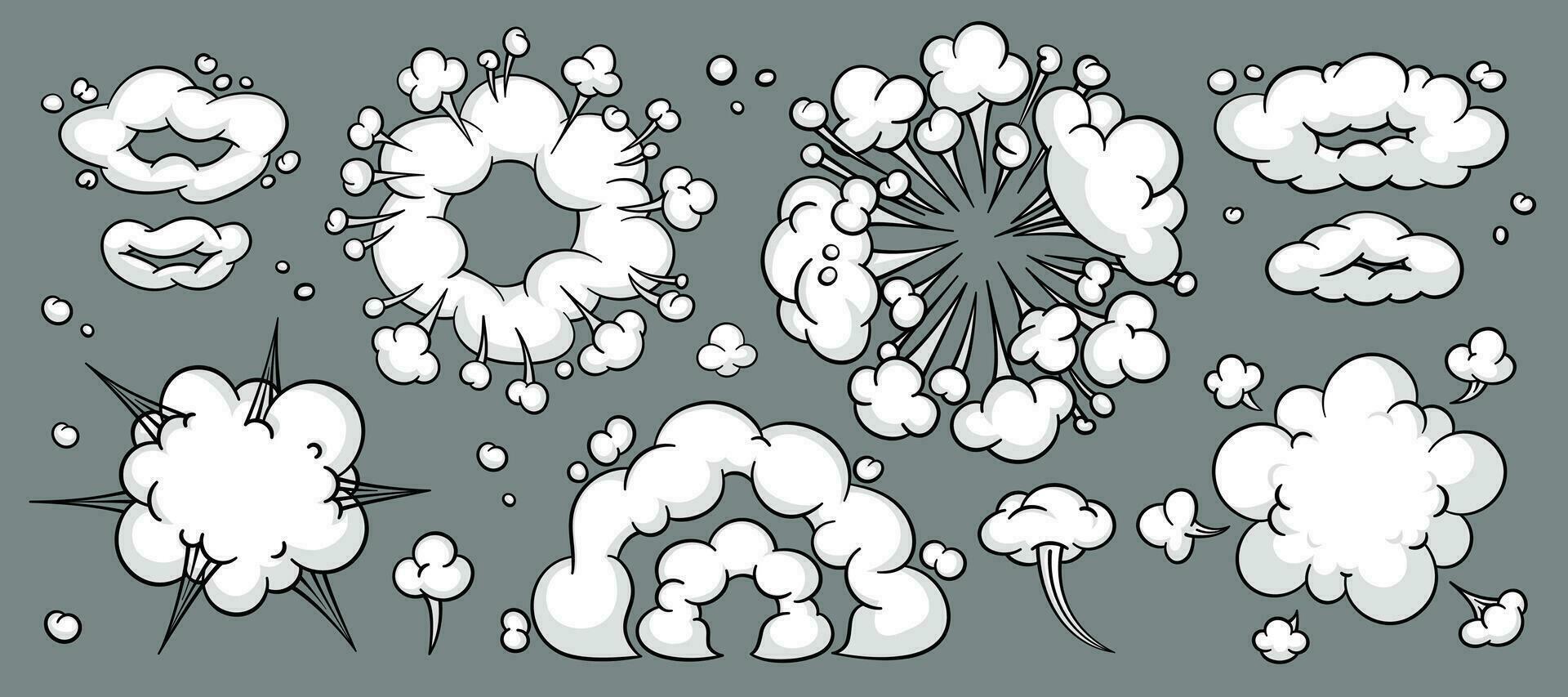 cómic nube o fumar, dibujos animados vector movimiento efectos, y explosiones aislado en gris antecedentes. vector ilustración