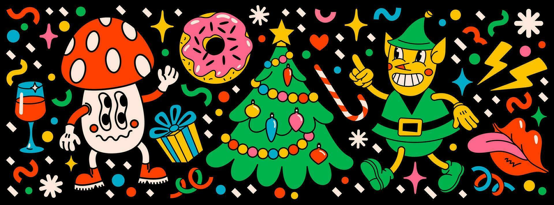 Merry Christmas and Happy New year pack of trendy retro cartoon characters. Groovy hippie Christmas stickers with Christmas tree, cupcake and winter objects. Vector Cartoon characters