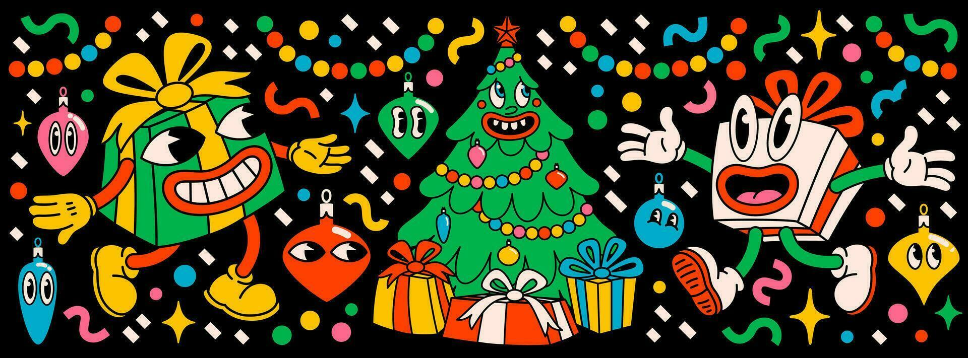 Merry Christmas and Happy New year pack of trendy retro cartoon characters. Groovy hippie Christmas stickers with Christmas tree, gifts and winter objects. Vector Cartoon characters